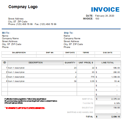 Template of Sales Invoice [Excel+Word] Free Download