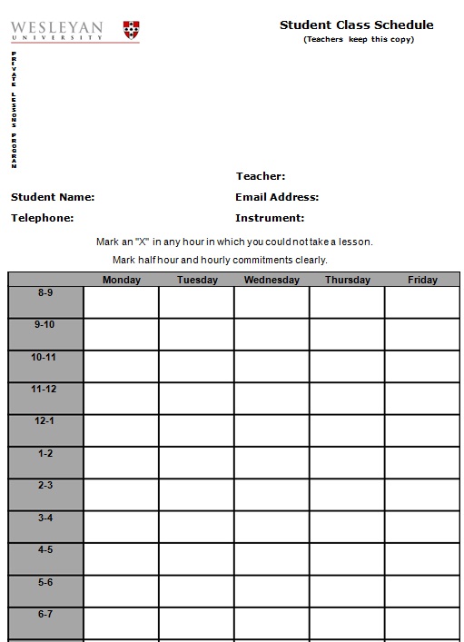 college class schedule template printable