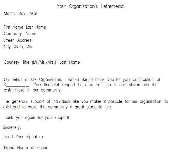 thank you letter for donation of money
