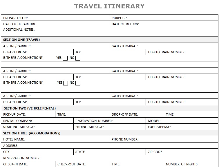 travel itinerary template word