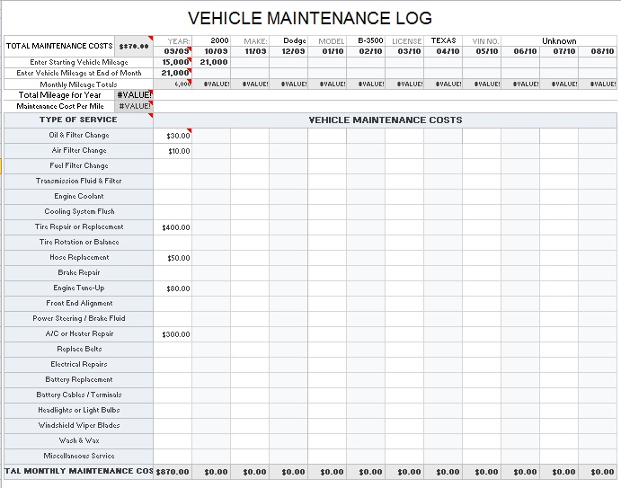 vehicle log sheet