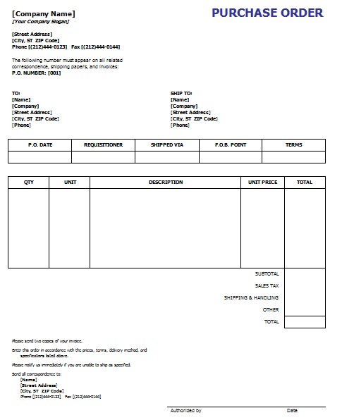 purchase order request form template word