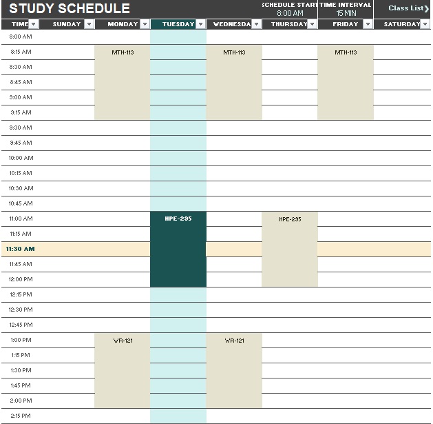 study timetable for students