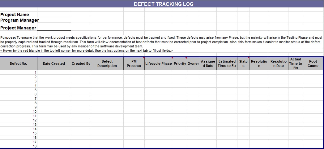 bug report template excel