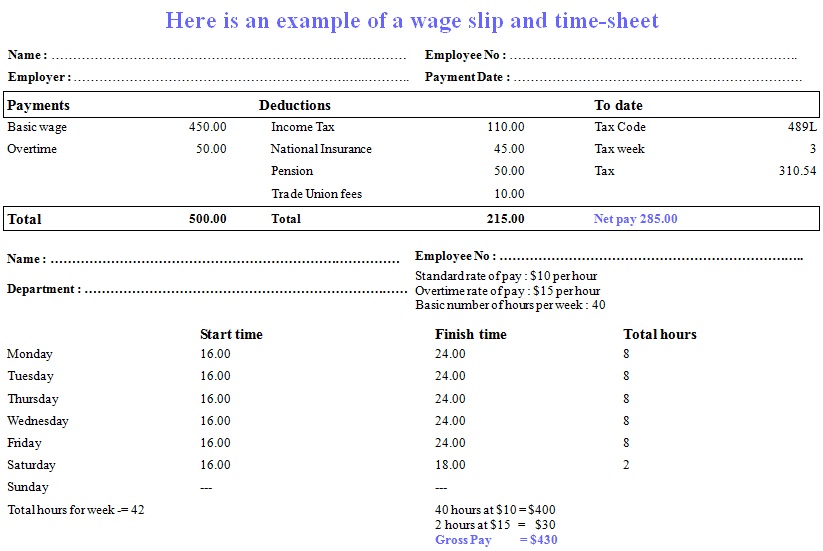 example of a wage slip and time sheet