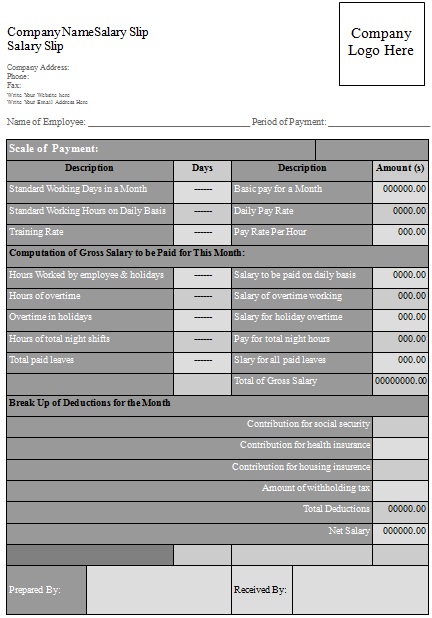 salary slip format for contract employee