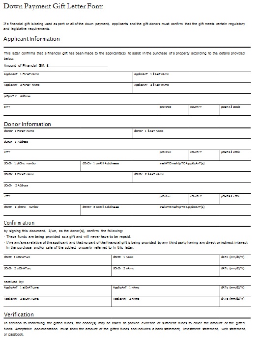 down payment gift letter form