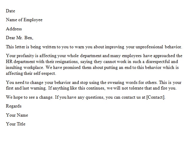 warning letter to employee for unprofessional behavior