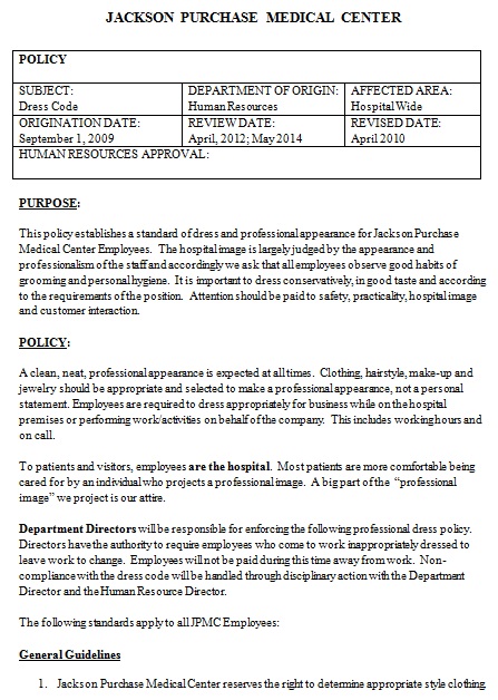 professional dress code policy template