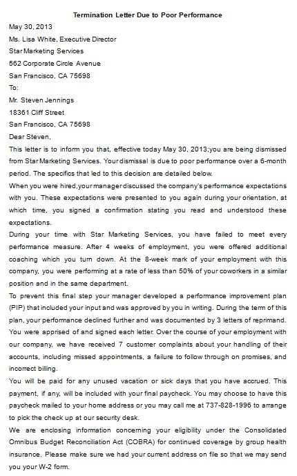 termination letter due to poor performance