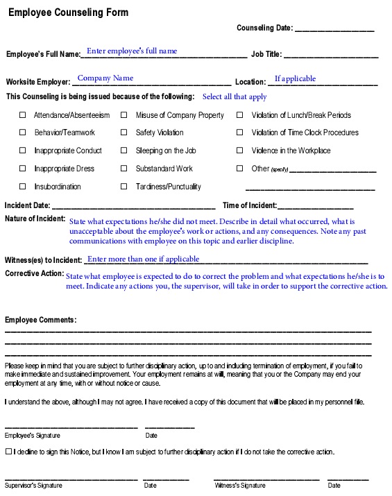 counseling form for employee in PDF