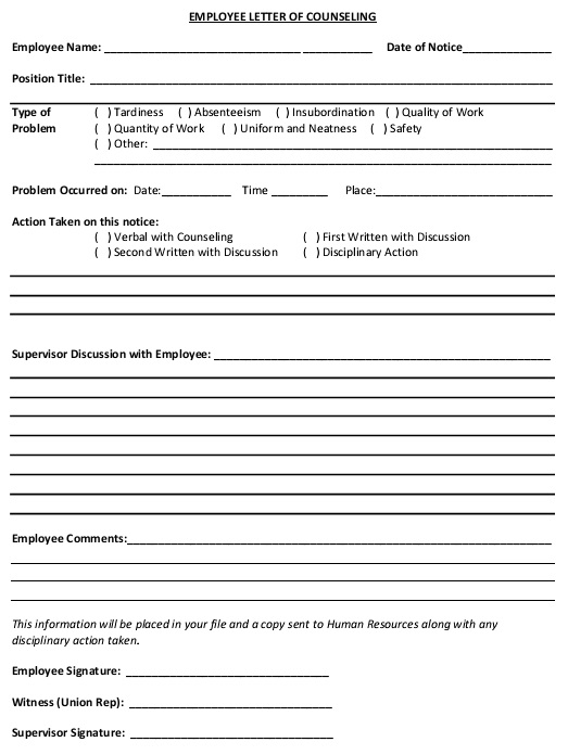 employee letter of counseling form example