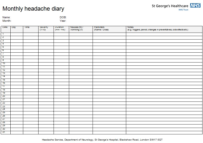 headache diary template 2