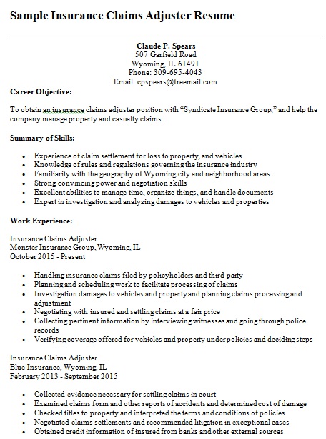 insurance claims adjuster resume