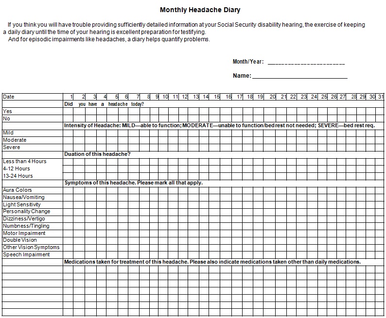 monthly headache diary template