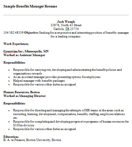 sample benefits manager resume