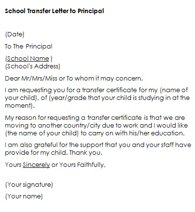 school transfer letter to principal