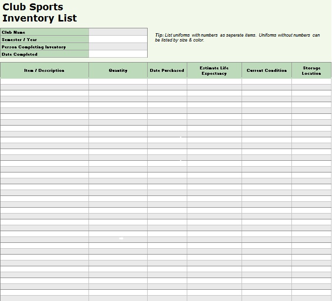 club sports inventory list