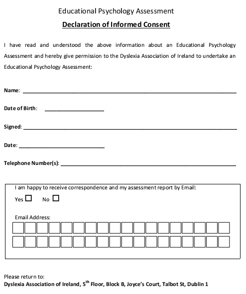educational psychology assessment consent form
