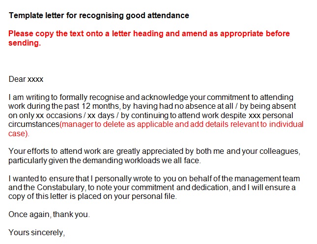 recognition letter for good attendance