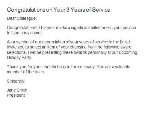 recognition letter for three year service