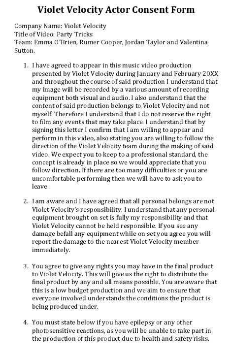 violet velocity actor consent form