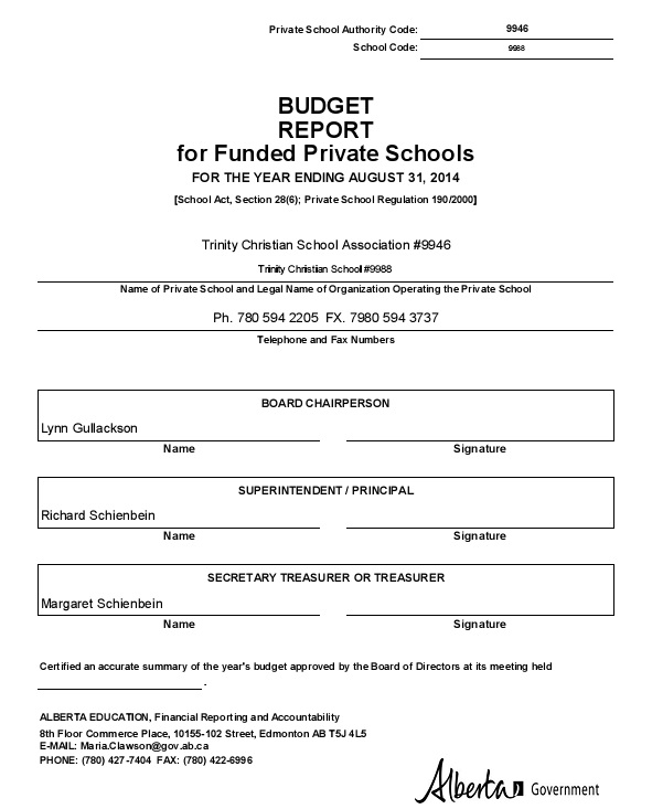 budget report for private school