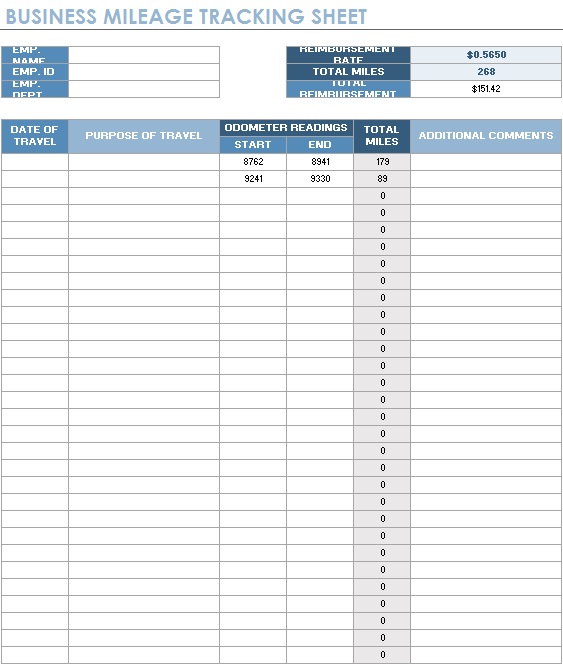 business mileage tracking sheet