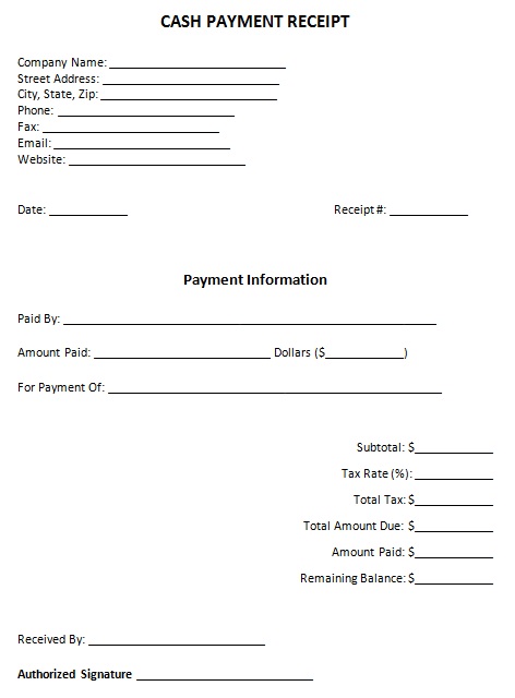 cash payment receipt template
