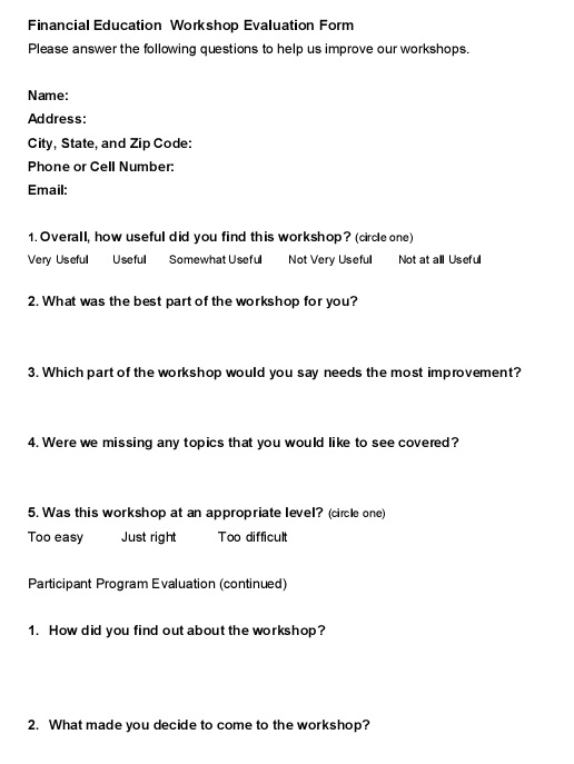financial workshop evaluation form
