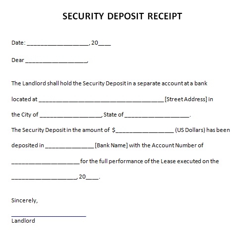 landlords security deposit receipt form