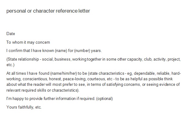 personal or character reference letter