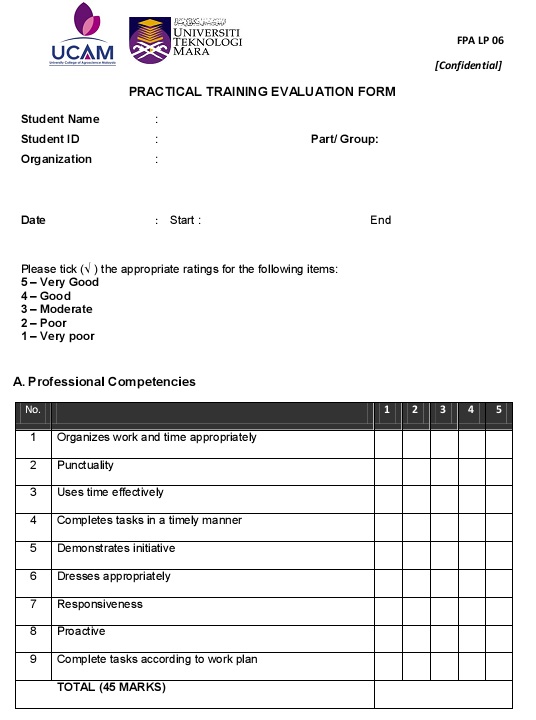 practical training evalurion form example
