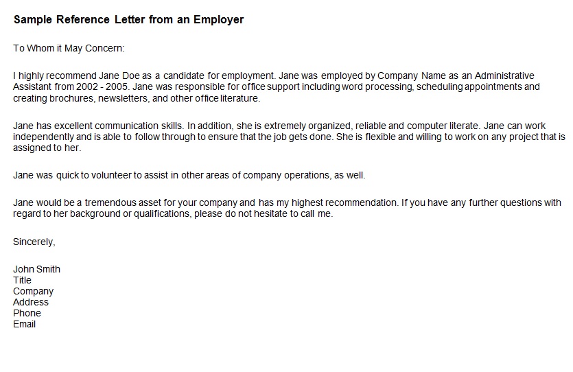 sample reference letter from an employer
