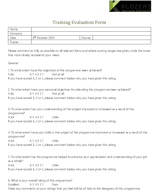 standard training evaluation form example