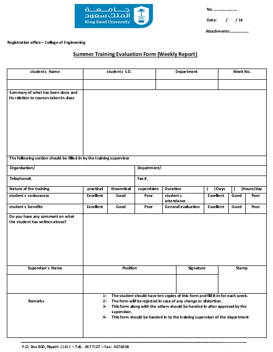 summer training evaluation form example