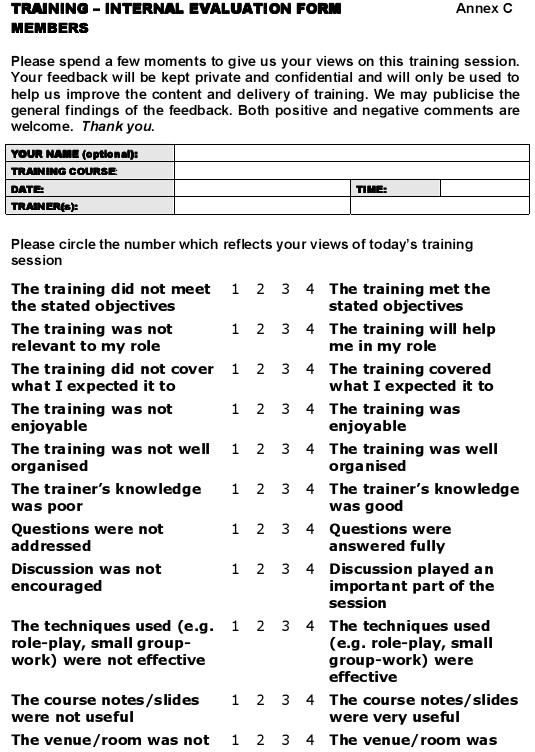 training internal evaluation form example