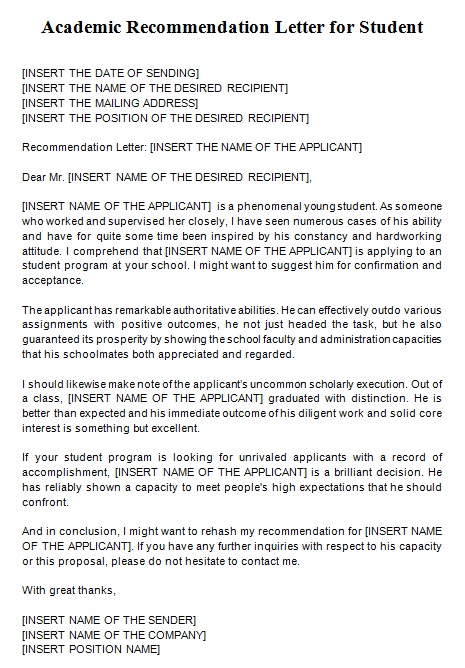 academic recommendation letter for student