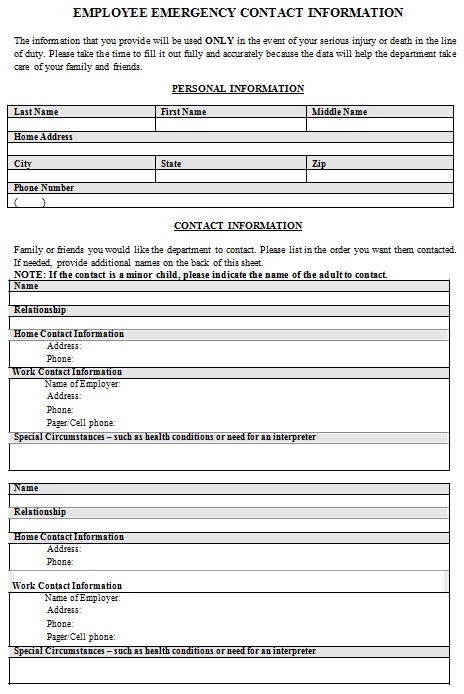 employee contact information sheet