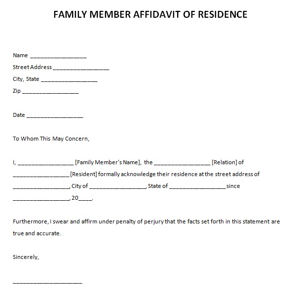 family member affidavit of residence letter