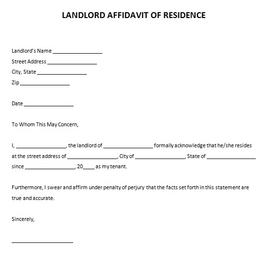 landlord affidavit of residence letter