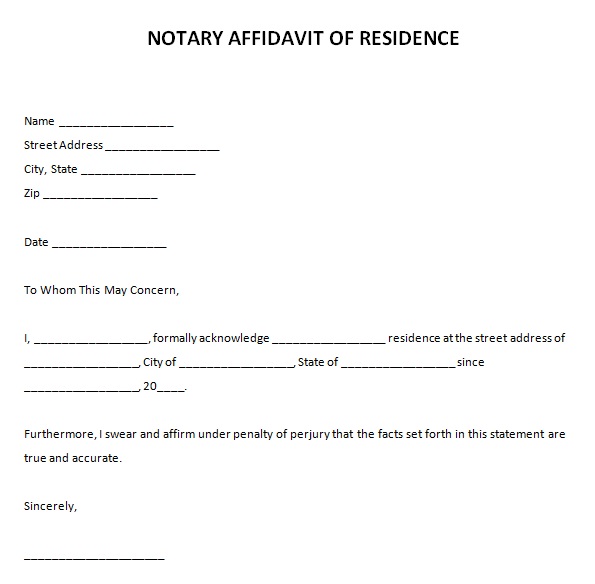 notary affidavit of residence letter