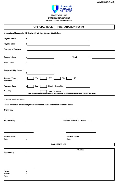 official receipt preparation form
