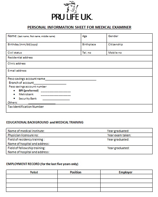 personal medical information sheet