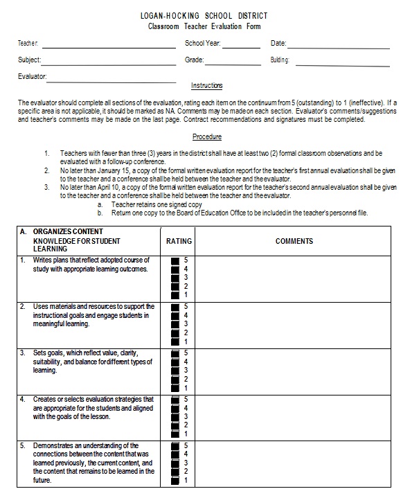 teacher evaluation form 19