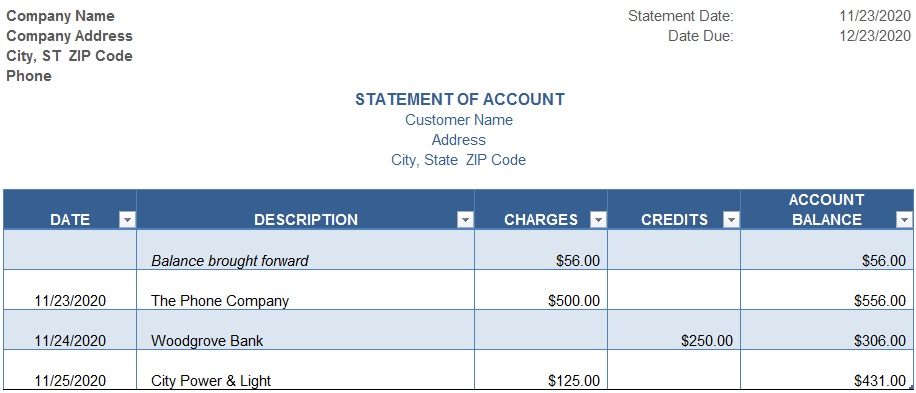 account statement template 16