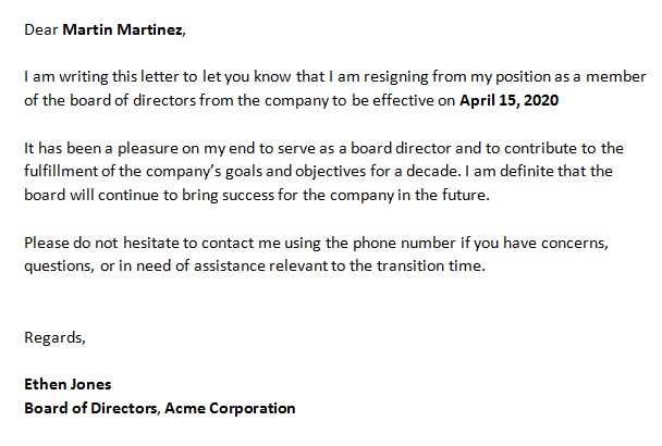 board of director resignation letter template