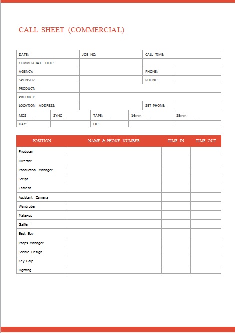 call sheet template 13