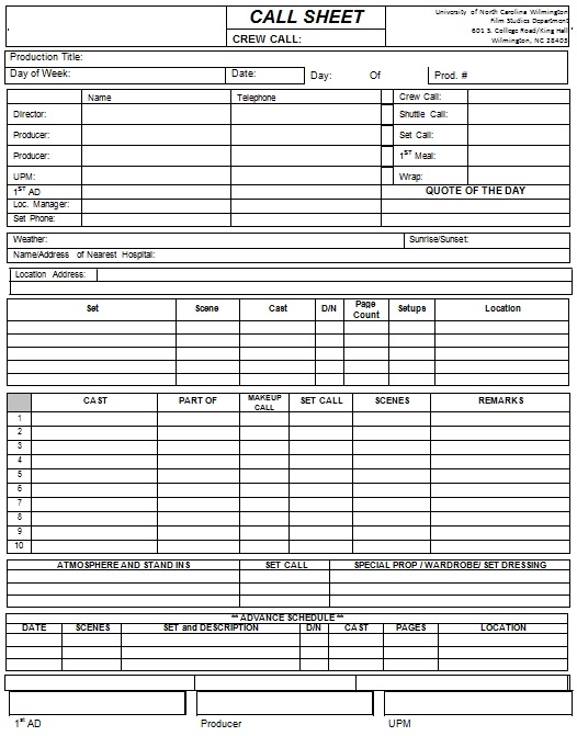 call sheet template 18