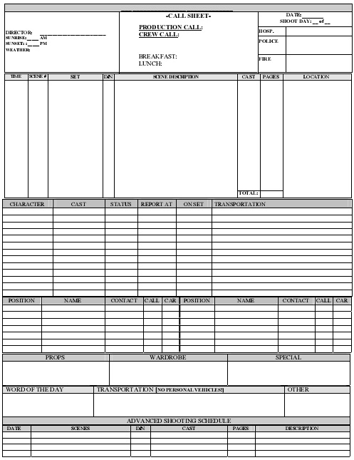 call sheet template 19